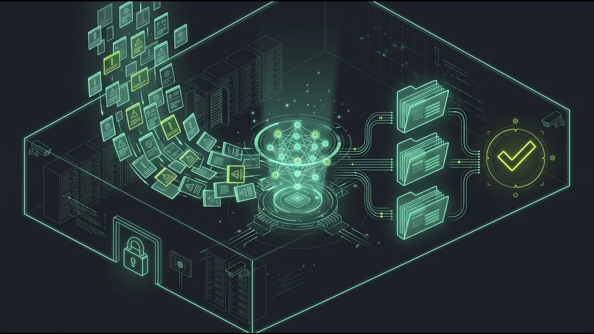 Illustration of a stream of alerts being enriched by an AI model into case files for an analyst decision