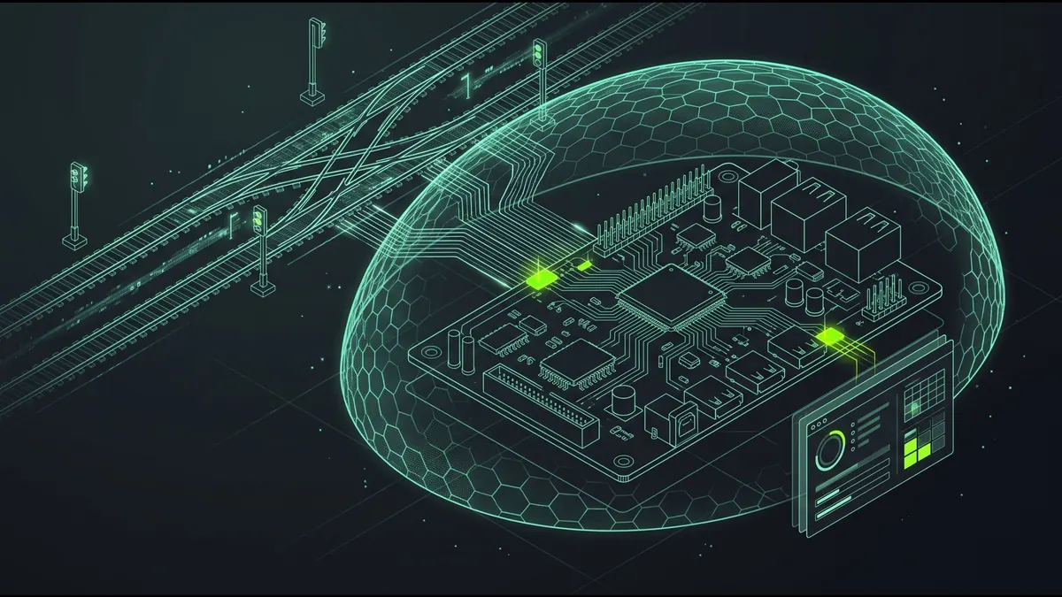 Illustration of a railway control board protected by a shield dome next to rail tracks and signals