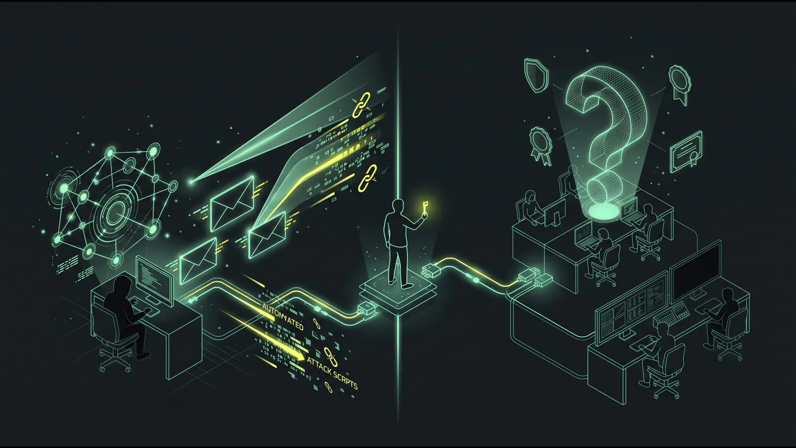 Illustration of an attacker automating phishing with AI on one side and a security team under a large question mark on the other, a person in the middle holding the key