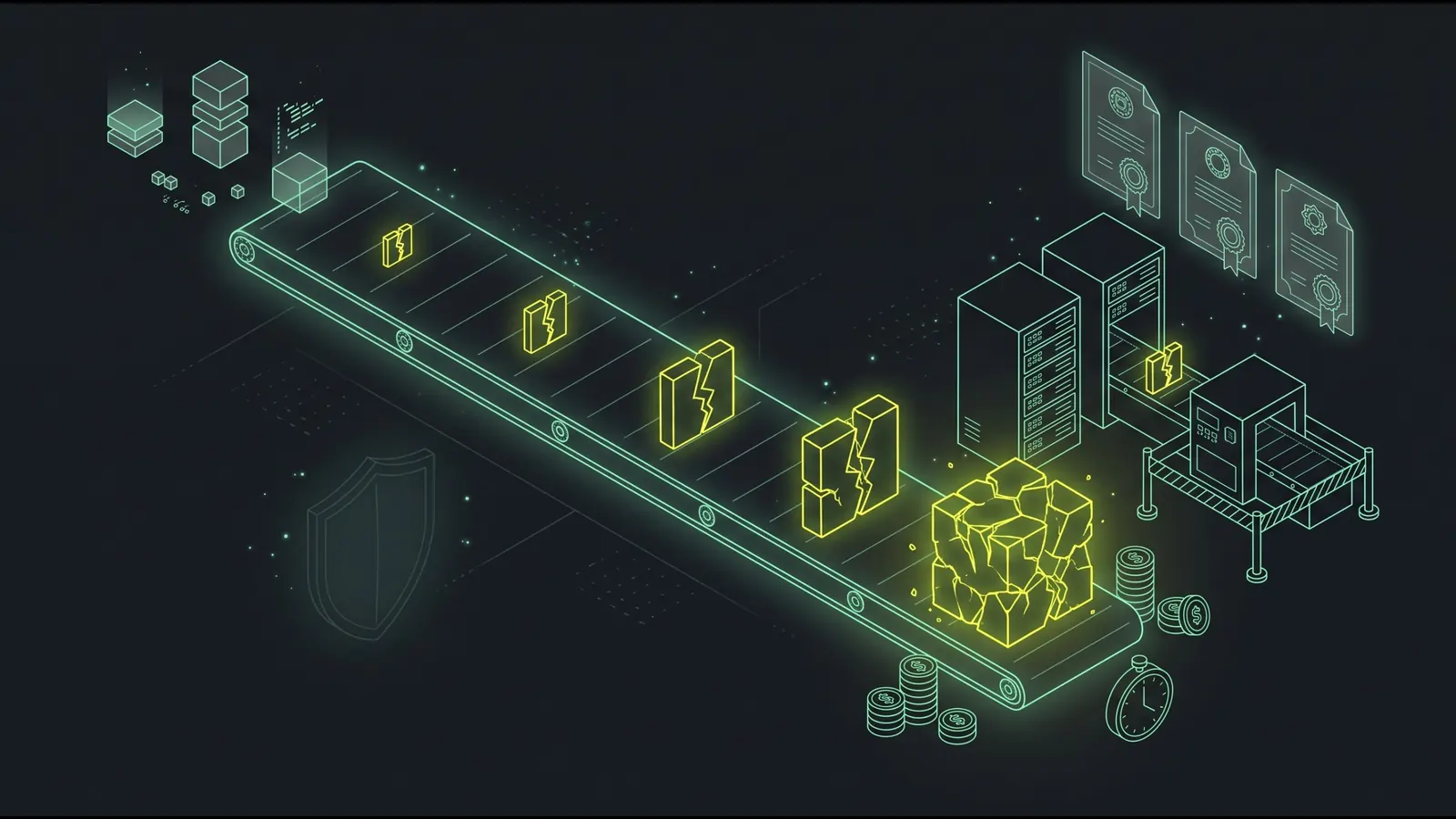 Illustration of a delivery pipeline on which a small vulnerability grows into a costly broken block by the time it reaches production