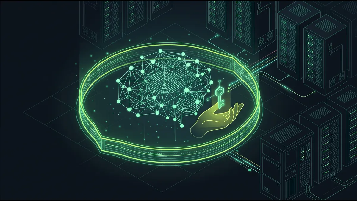 Illustration of an AI model inside a governance ring, with a human hand holding the key