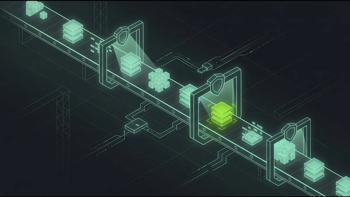 Illustration of a CI/CD pipeline with security gates checking each build before it moves on
