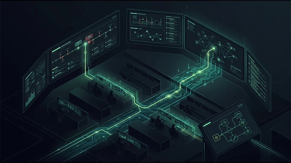Illustration of a security operations center: analysts at screens, alert flows converging into an automated response playbook
